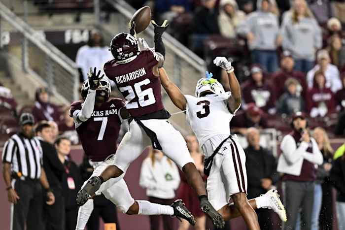 Nov 11, 2023; College Station, Texas, USA; Texas A&M Aggies defensive back Demani Richardson (26) breaks up a pass in the end zone intended for Mississippi State Bulldogs wide receiver Justin Robinson (3) at Kyle Field.
